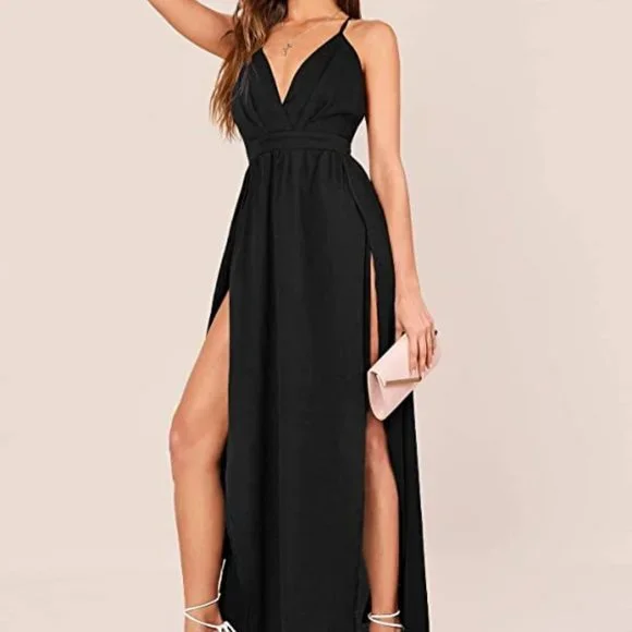 Floerns | Dresses | Sexy Black V Neck Spaghetti Strap Backless Split  Cocktail Party Maxi Long Dress | Poshmark